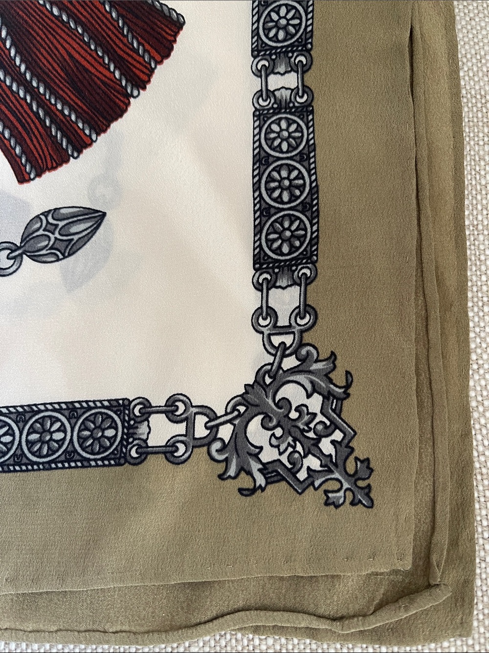 Vintage Silk-Feel Tassel & Tack Print Scarf - Ivory, Rust, Olive - Picture 6 of 7